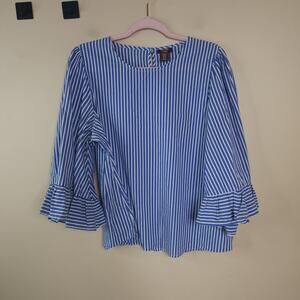 Marina Luna Blue White Stripe Ruffle Bell Sleeve Blouse Size XL